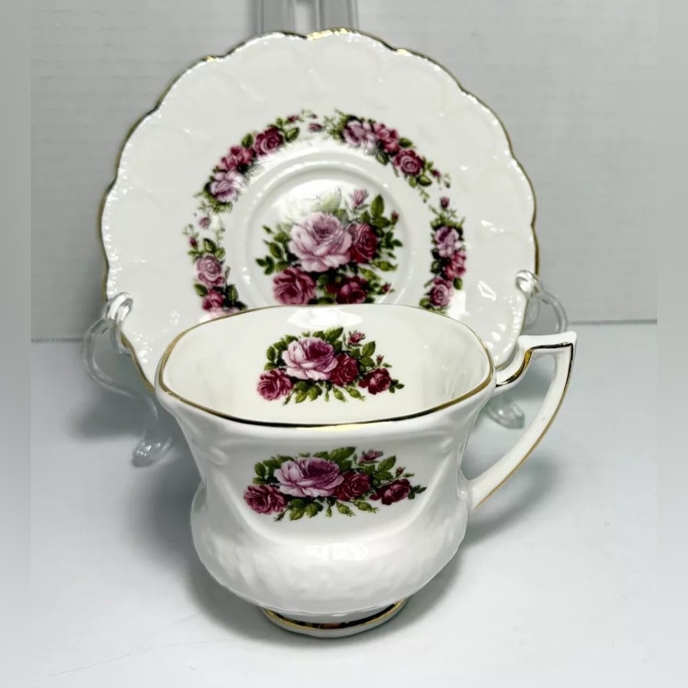Vintage Crown Dorset Fine Bone China Square Tea Cup And Saucer Pink Roses Gold